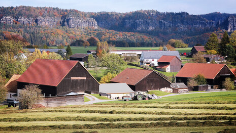 Kleine Häuser stehen nebeneinander, im Hintergrund Gesteinsberge, im Vordergrund Acker.